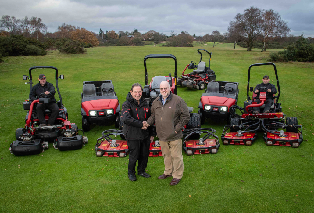 TORO for the trio at Rushmere: Rushmere Golf Club’s secretary manager Bob Tawell, centre left, shakes hands with Reesink’s Julian Copping and is joined by greenkeepers Michael Buck, left, and David Driver. 