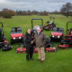 Rushmere Golf Club’s secretary manager Bob Tawell, centre left, shakes hands with Reesink’s Julian Copping and is joined by greenkeepers Michael Buck, left, and David Driver.